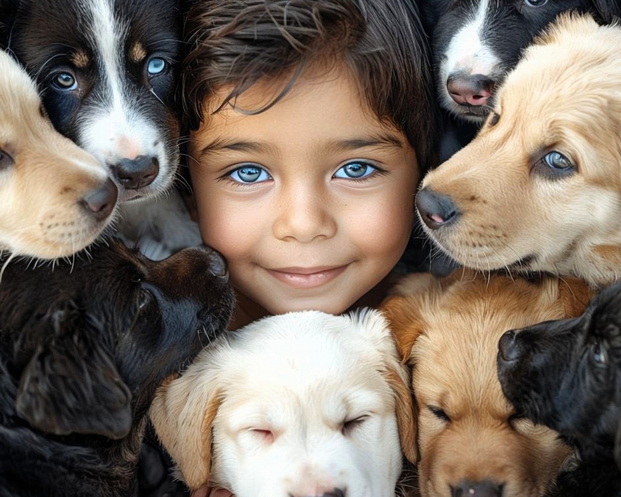 Красивый ребенок с собаками