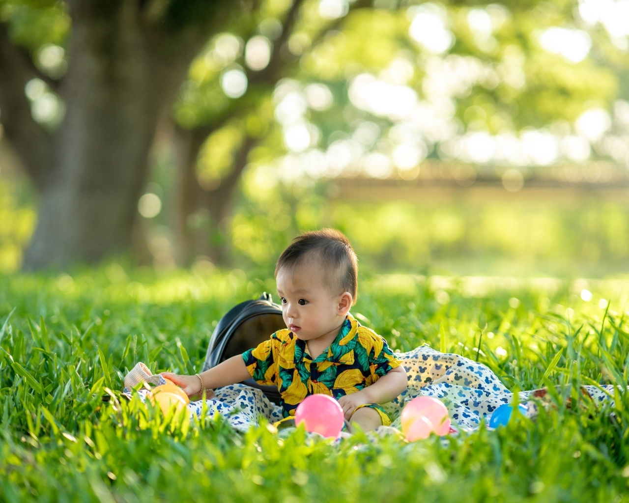 Маленький мальчик с игрушками в зеленой траве
