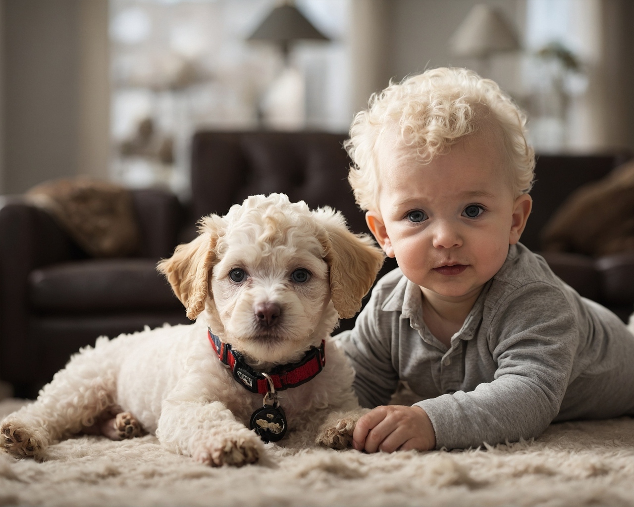 Маленький кудрявый мальчик с щенком