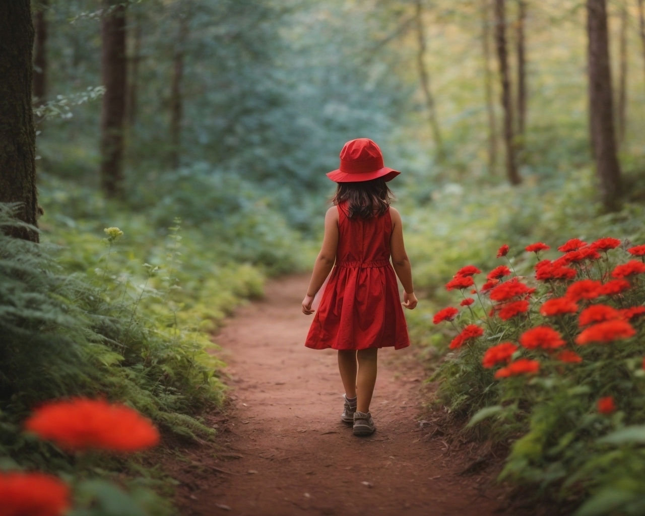 Маленькая девочка в красном платье в лесу 