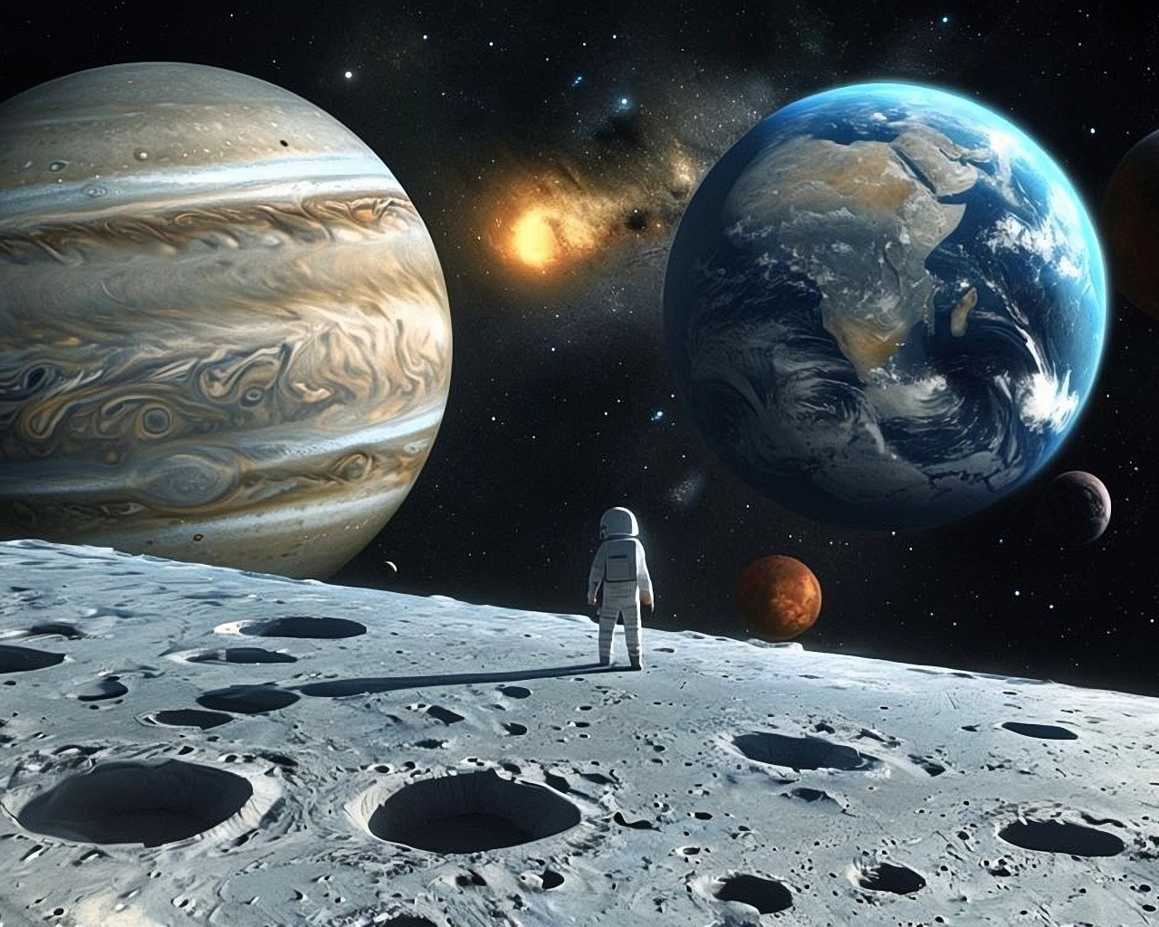 Астронавт в космосе смотрит на планеты