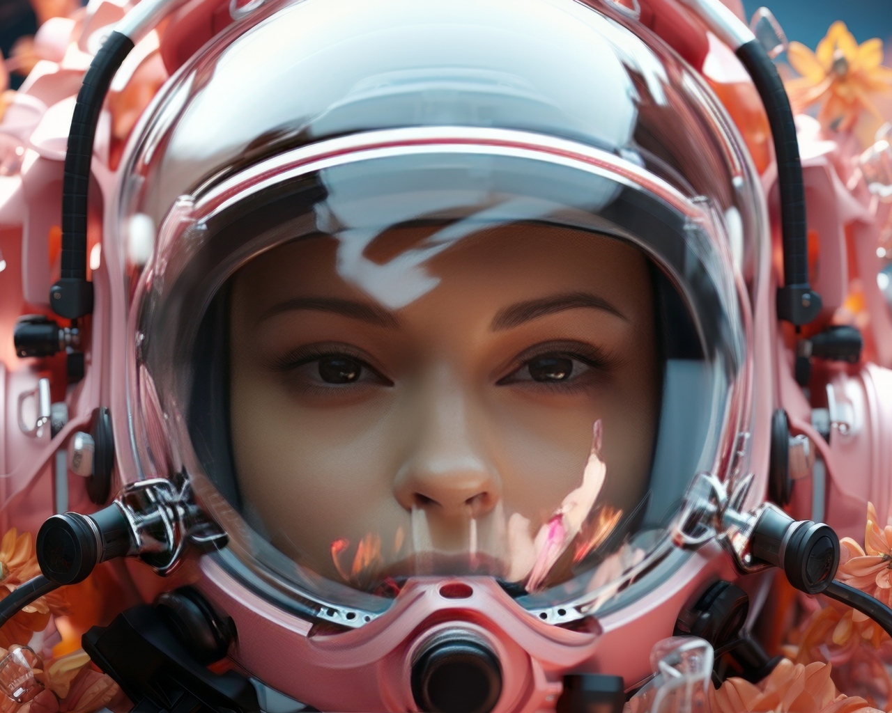 Девушка астронавт в розовом шлеме с цветами
