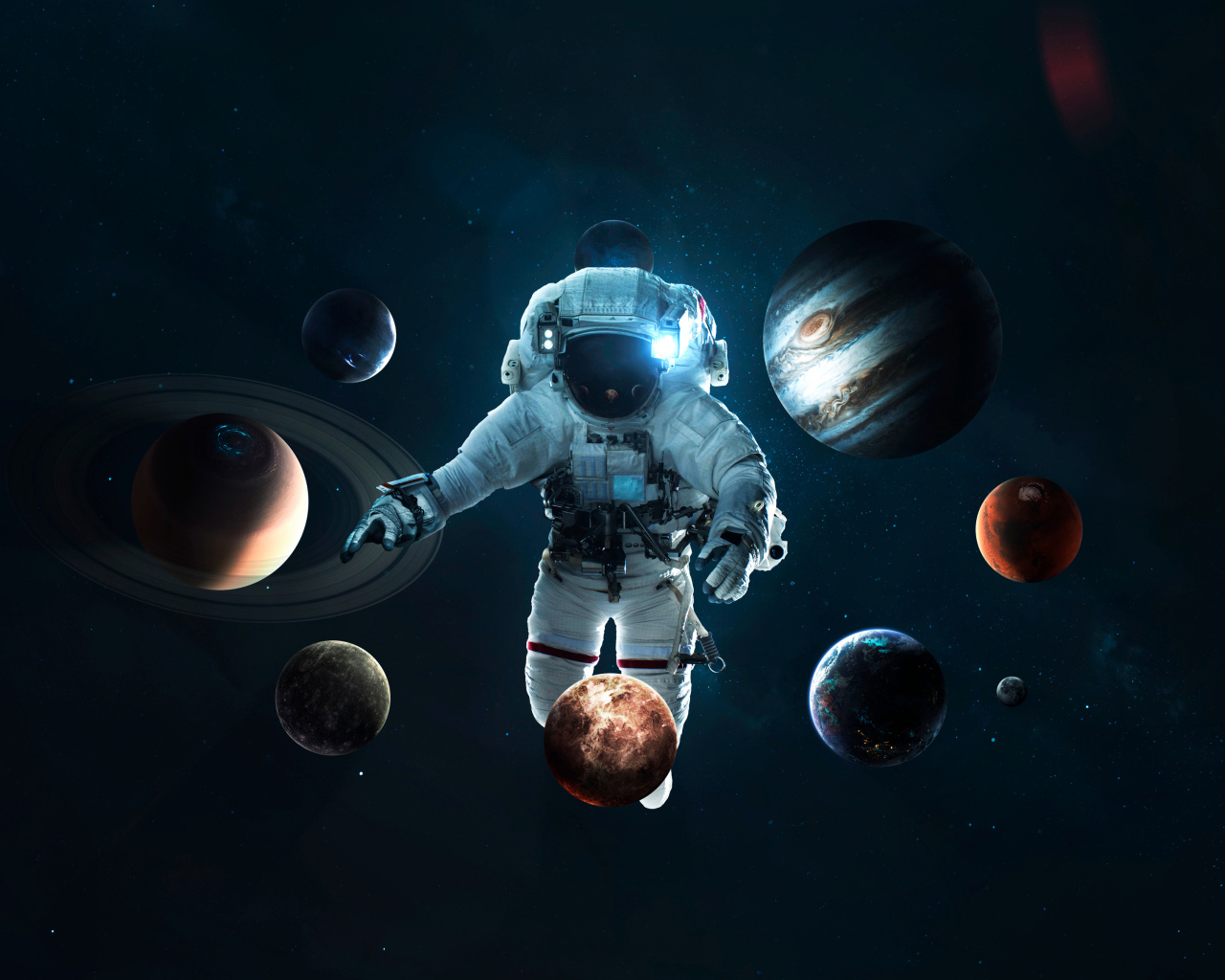 Планеты летают вокруг космонавта в скафандре