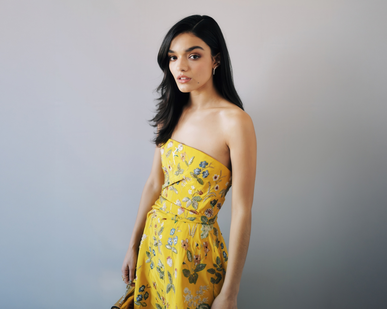 Милая молодая брюнетка актриса Рэйчел Зеглер на сером фоне