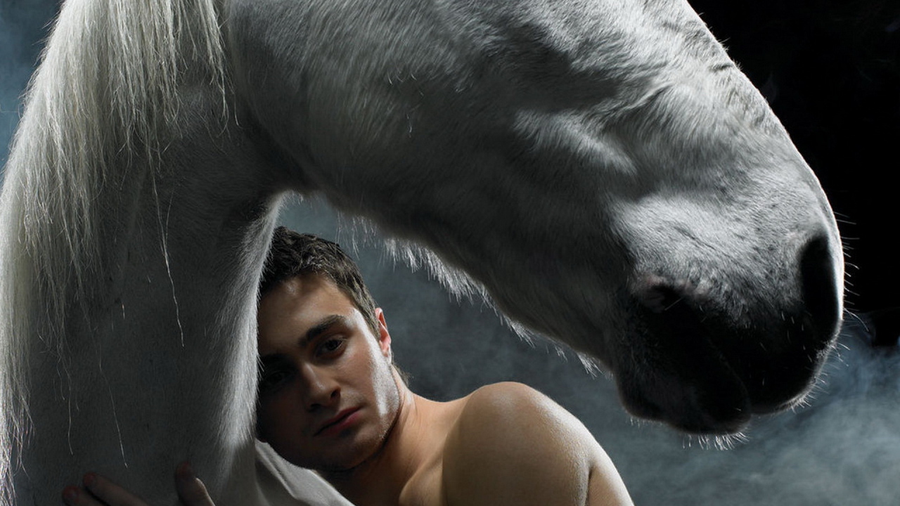 Даниэль Редклифф прижавшись к лошади