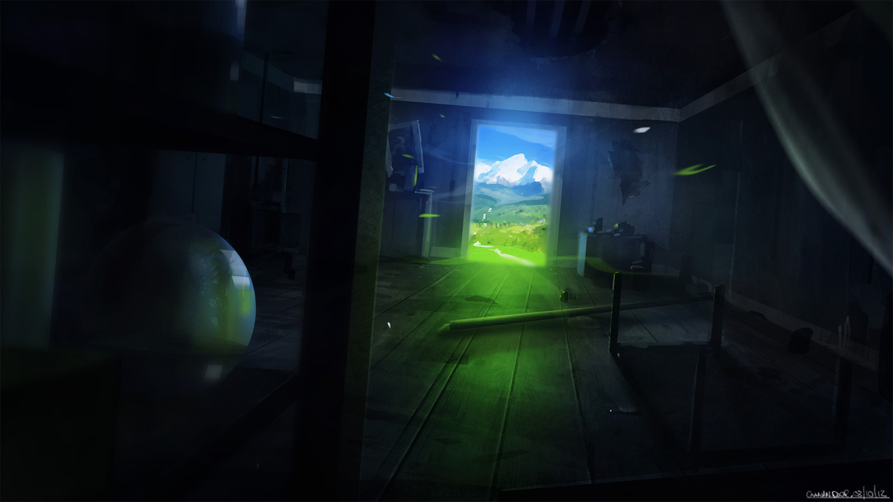 Темная комната с видом на горы