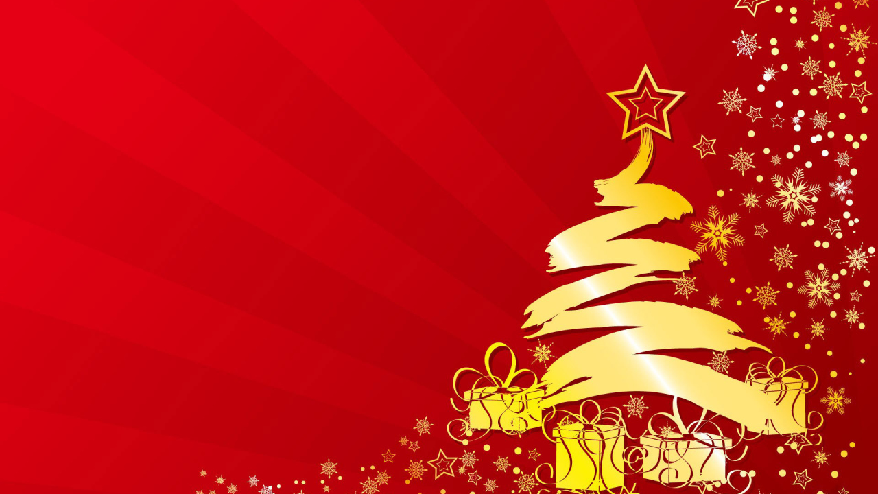 Golden tree on red background on Christmas