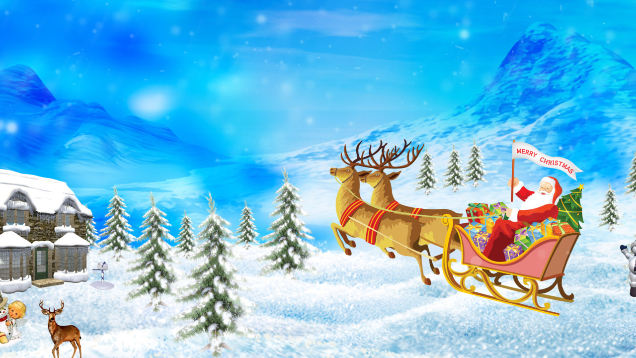 Дед Мороз в упряжке с оленями на рождество