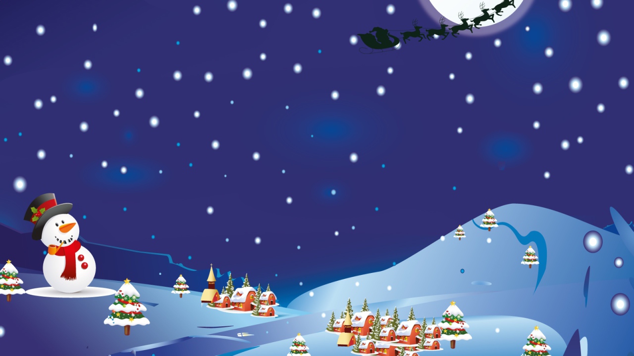 Снеговик смотрит на упряжку с оленями на рождество