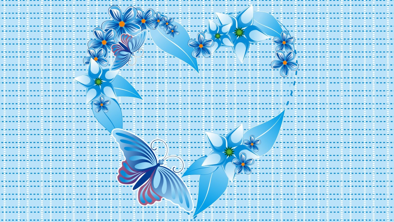 Синее сердечко из бабочек и цветов