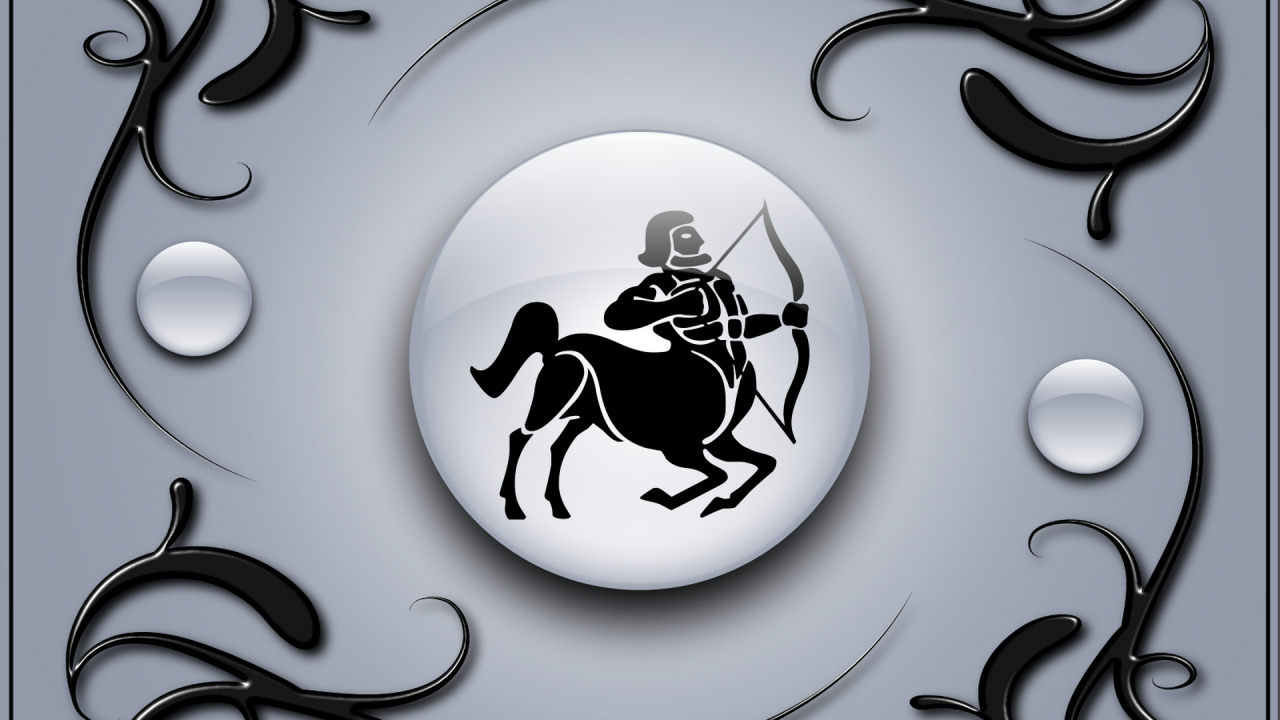 Знак стрелец на сером фоне с чёрным орнаментом