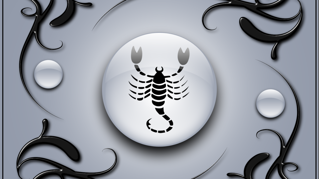 Знак скорпион на сером фоне с чёрным орнаментом 
