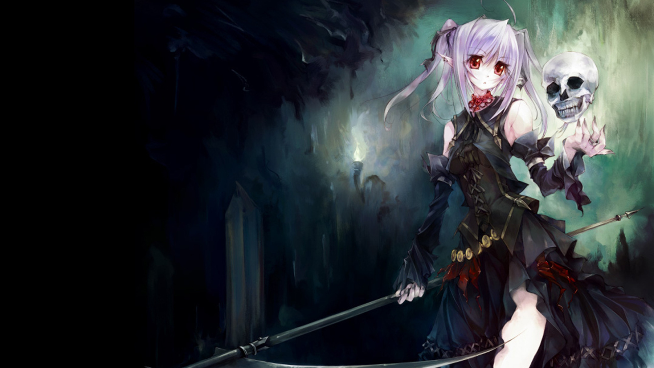 Девочка с косой и черепом