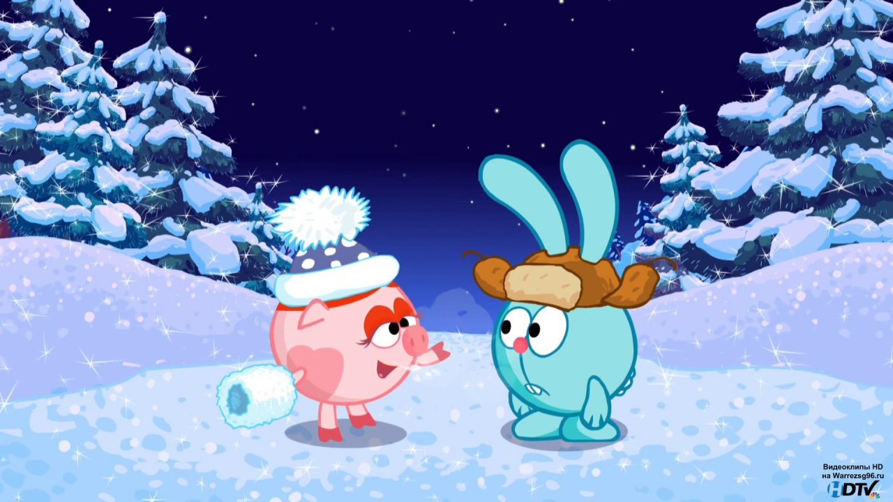 Крош и Нюша в зимнем лесу в мультфильме Смешарики
