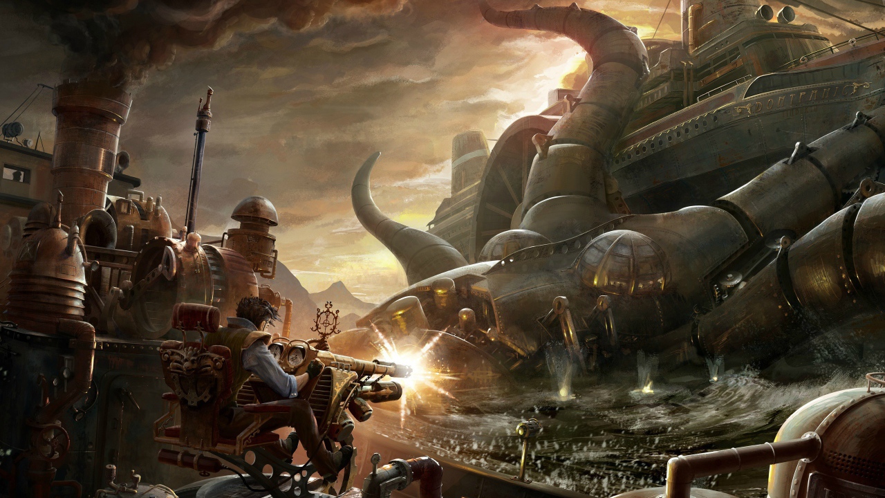 Борьба с металлическим монстром стимпанк