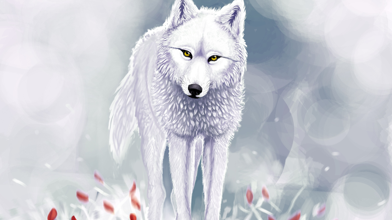 Белый волк и красные цветы