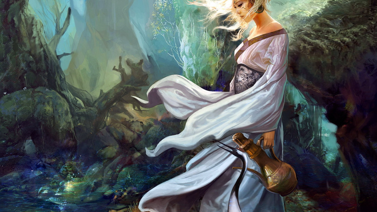 Девушка с кувшином в лесу