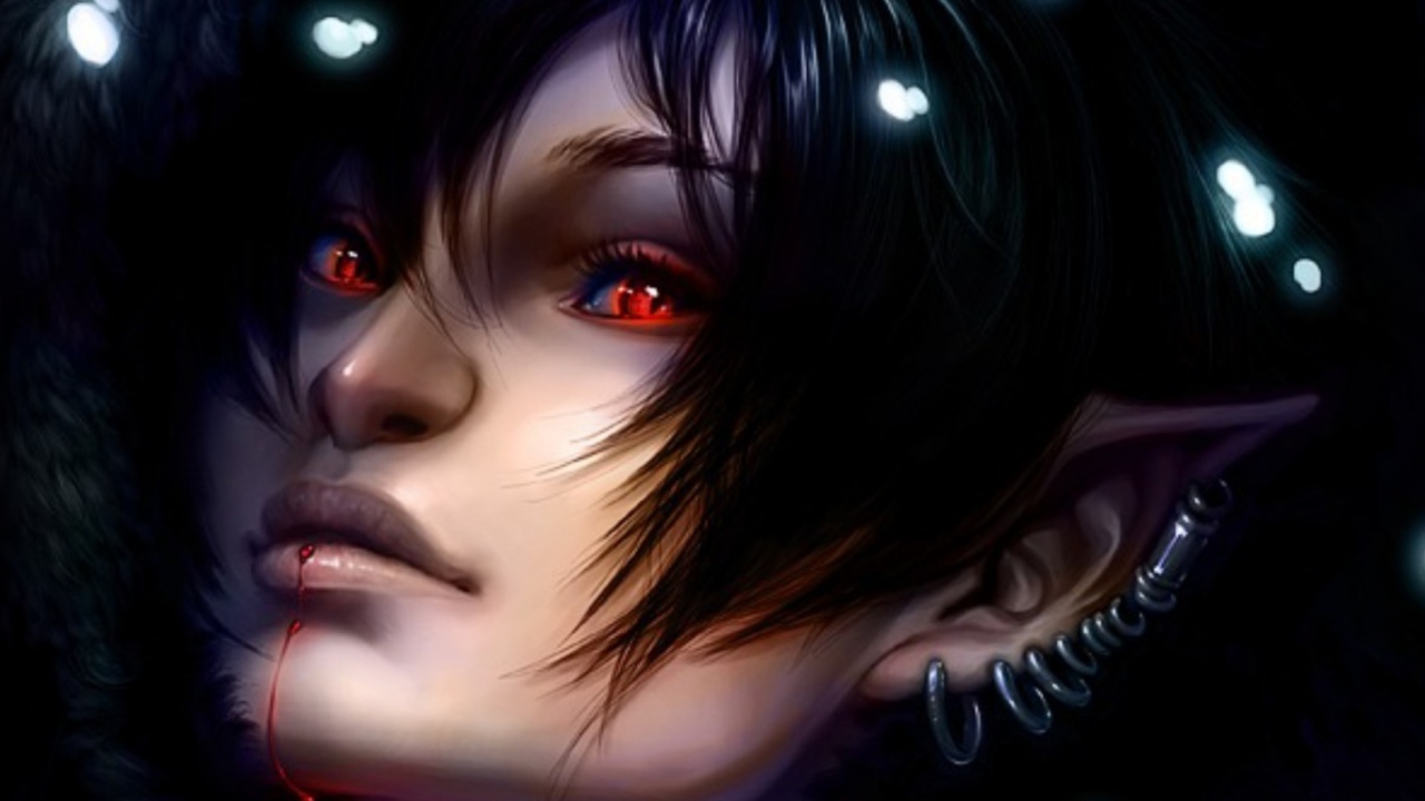 Кровь на подбородке у девушки вампира