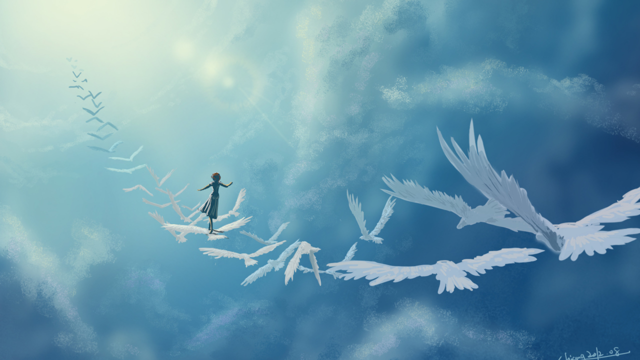 Девушка на белых птицах