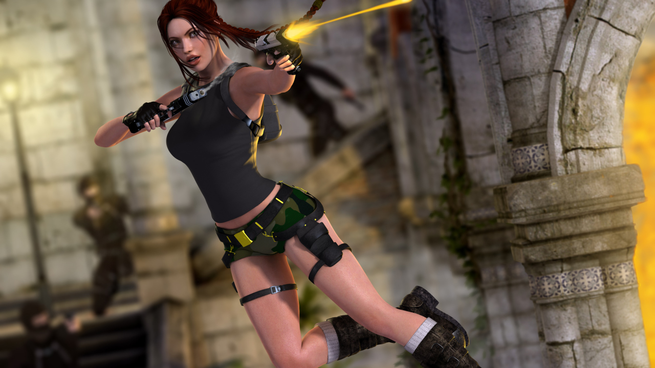 Лара стреляет в прыжке