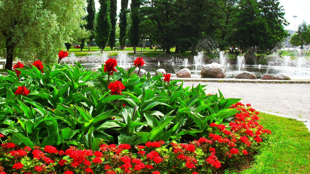 Цветочная клумба у фонтана