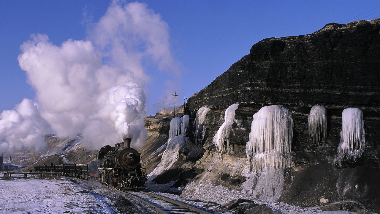 Frozen waterfalls and locomotive