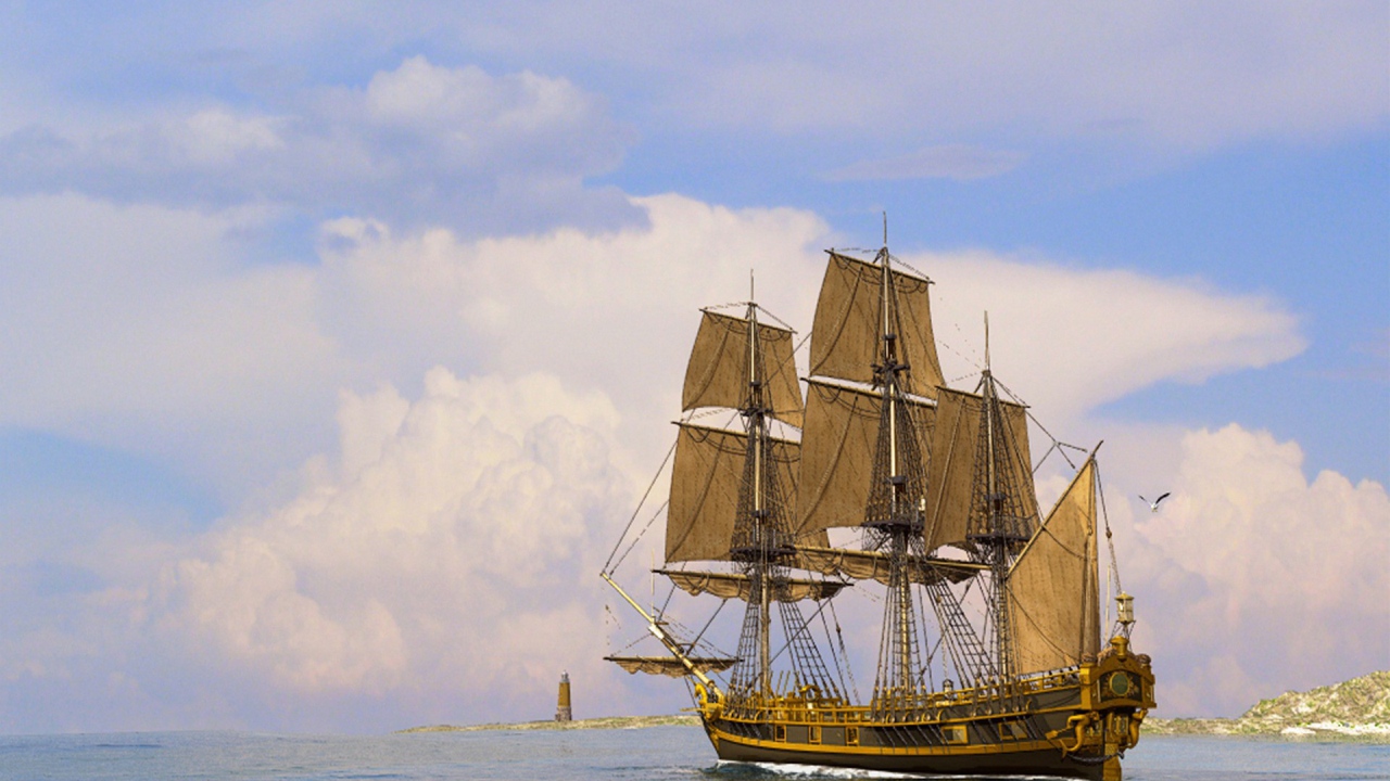 Парусный корабль у маяка