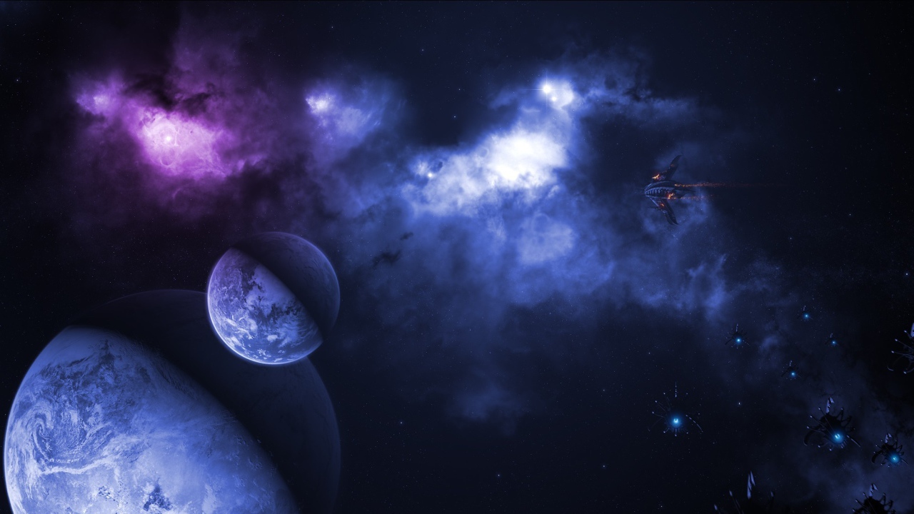 Космические корабли летят у планеты