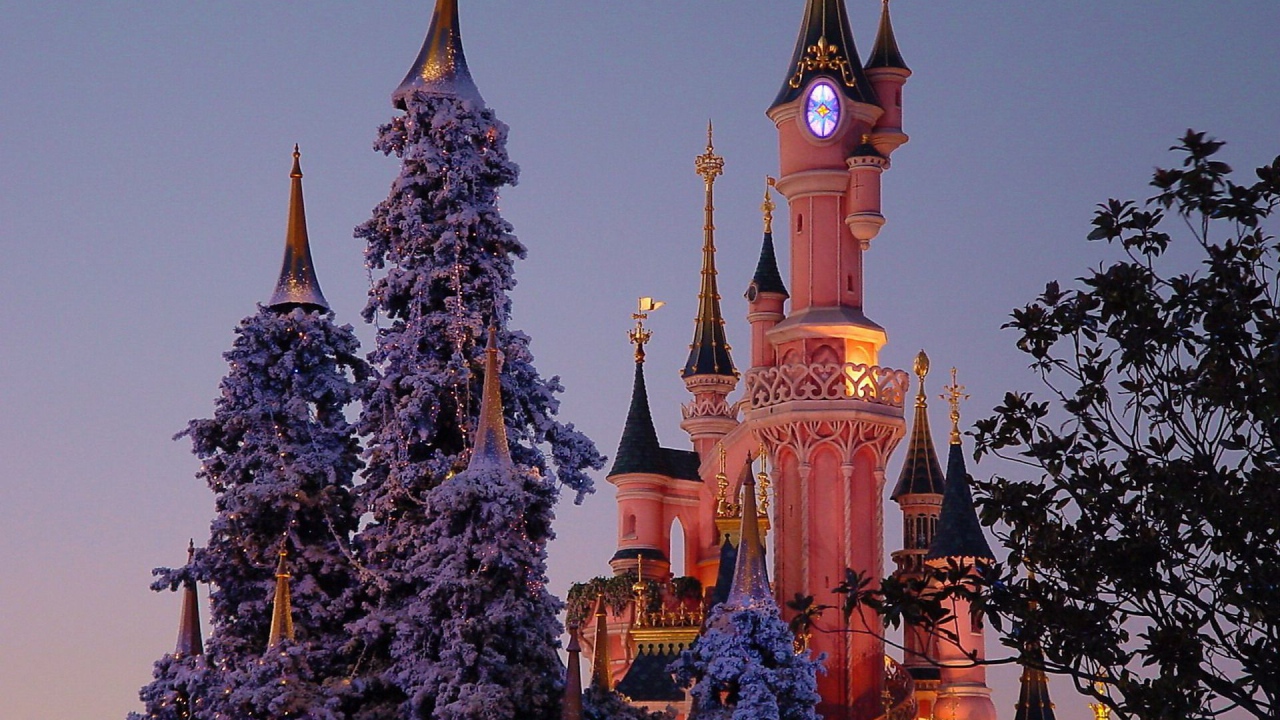 Snow-covered fir at Disneyland, France