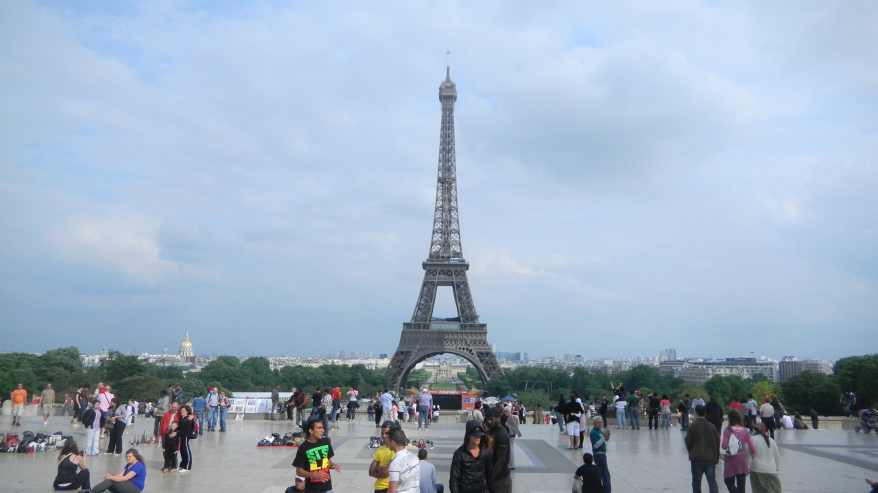 Tourists near the Eiffel Tower in summer