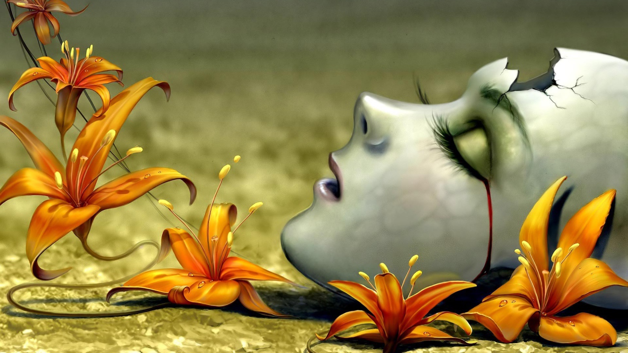 Лицо девушки среди цветов, 3Д графика