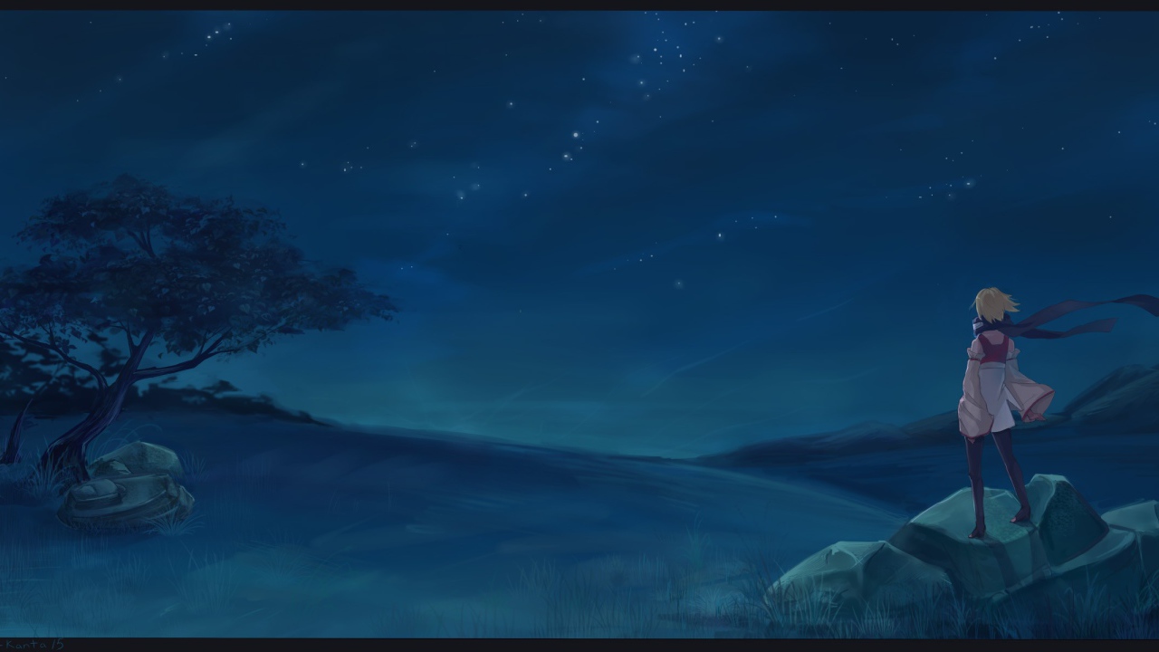 Девушка аниме смотрит на звезды в ночи