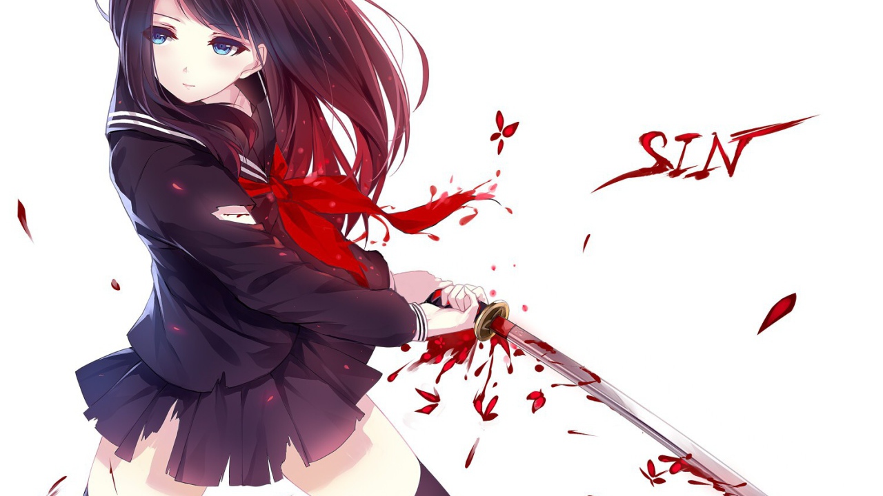 Девушка аниме держит катану с каплями крови