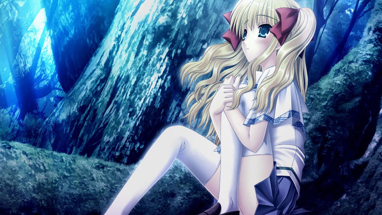 Аниме девушка в школьной форме в темном лесу