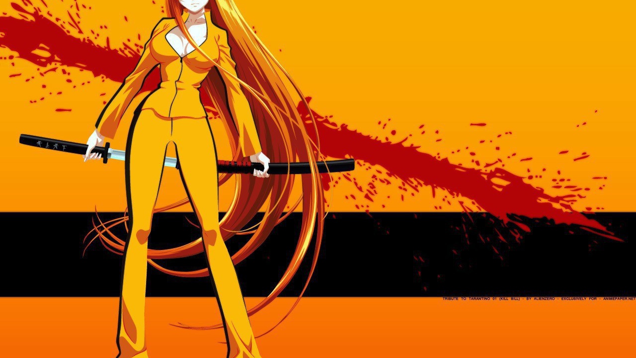 Аниме девушка на оранжевом фоне с катаной