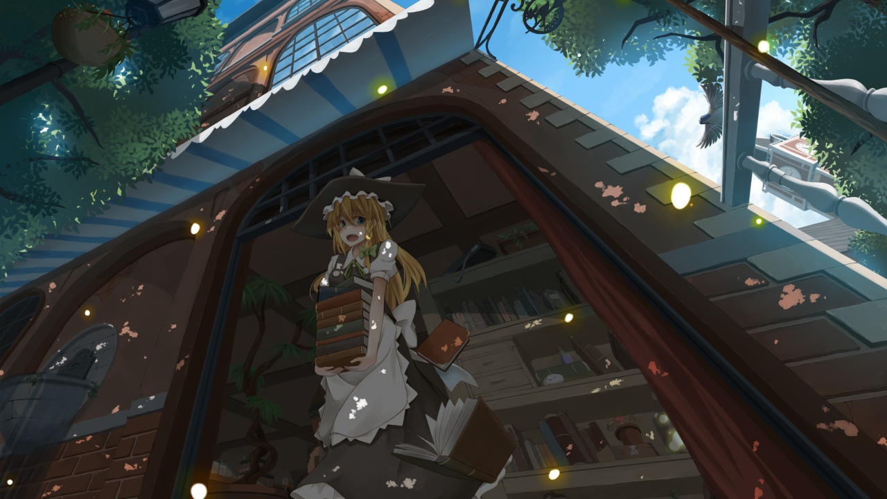 Девушка аниме со стопкой книг