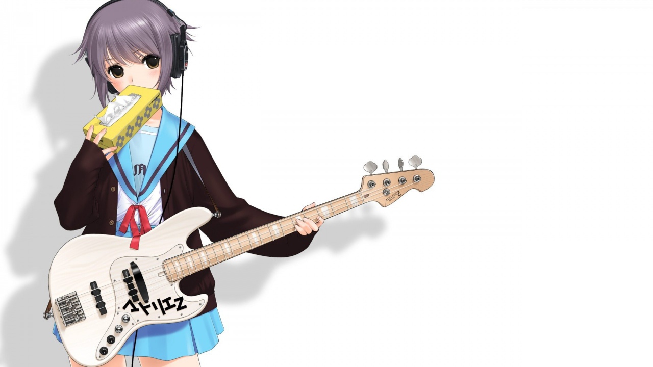 Девушка аниме с гитарой и в наушниках