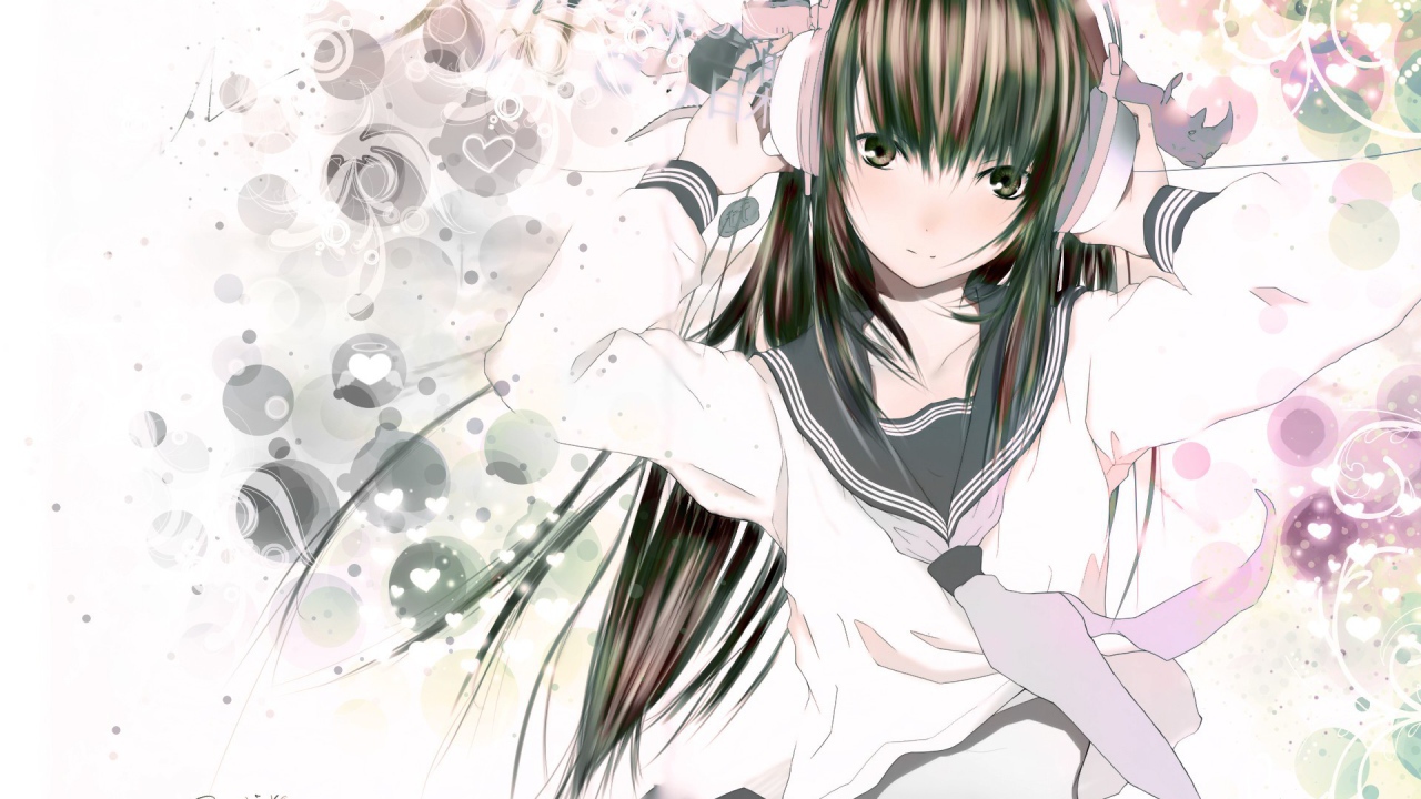 Аниме девушка в наушниках и школьной форме