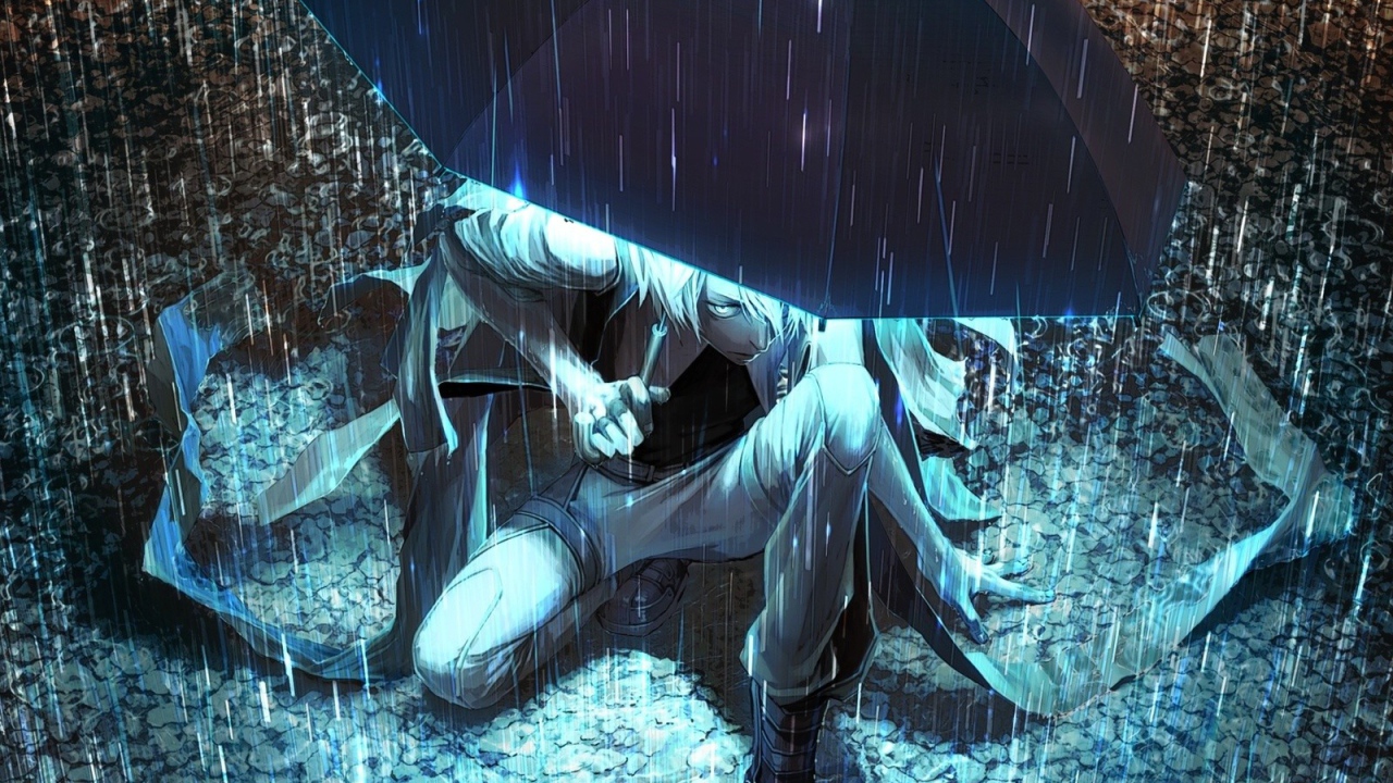 Парень аниме прячется от дождя под светящимся зонтом