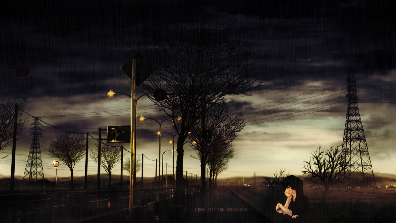 Парень аниме грустит у дороги под дождем