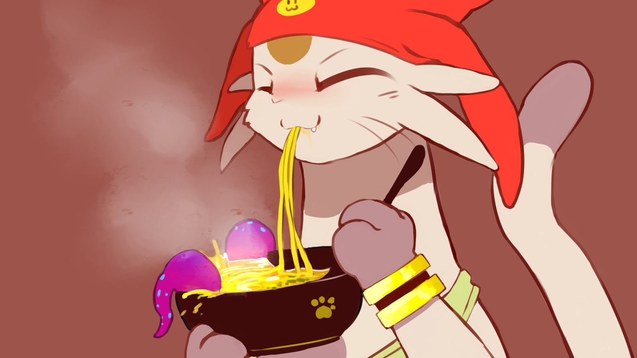 Кот ест лапшу в аниме Космический Денди