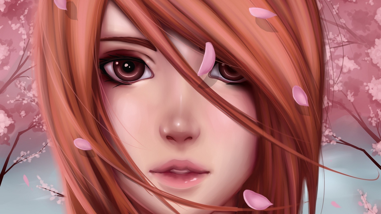 Лицо девушки аниме в лепестках сакуры