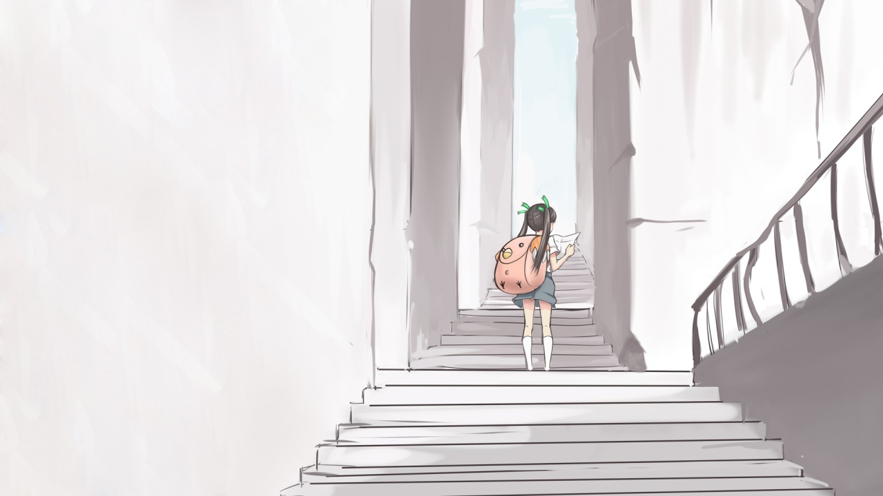 Девушка идет по лестнице аниме