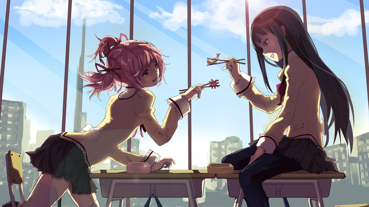 Девушки кушают свой обед, Девочка-волшебница Мадока