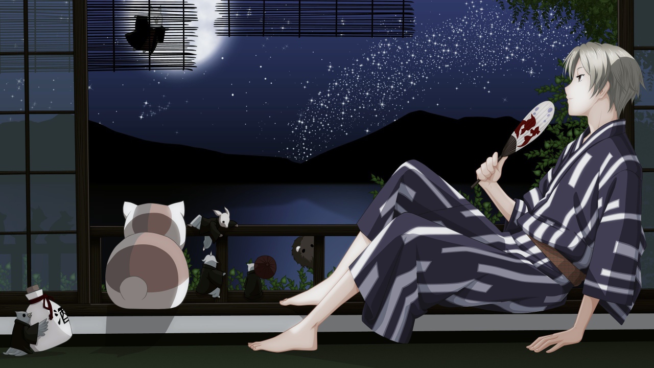 Парень и кот смотрят на луну