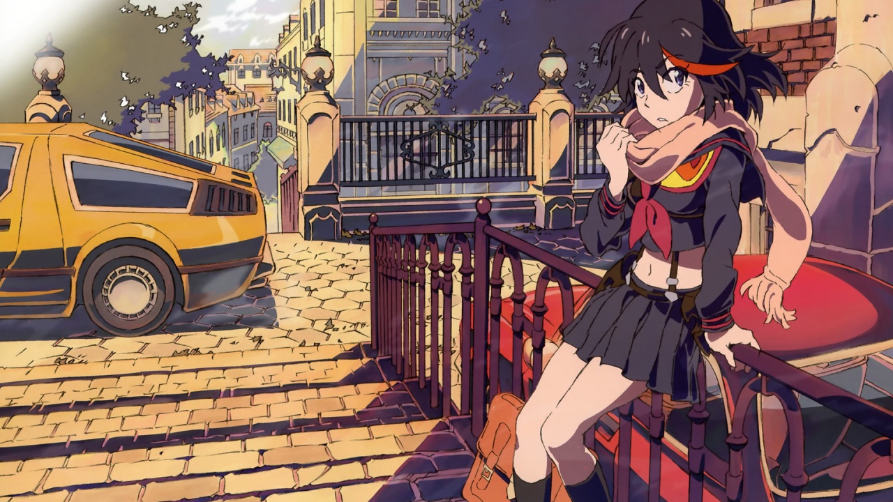 Девушка Матои сидит на заборе, аниме