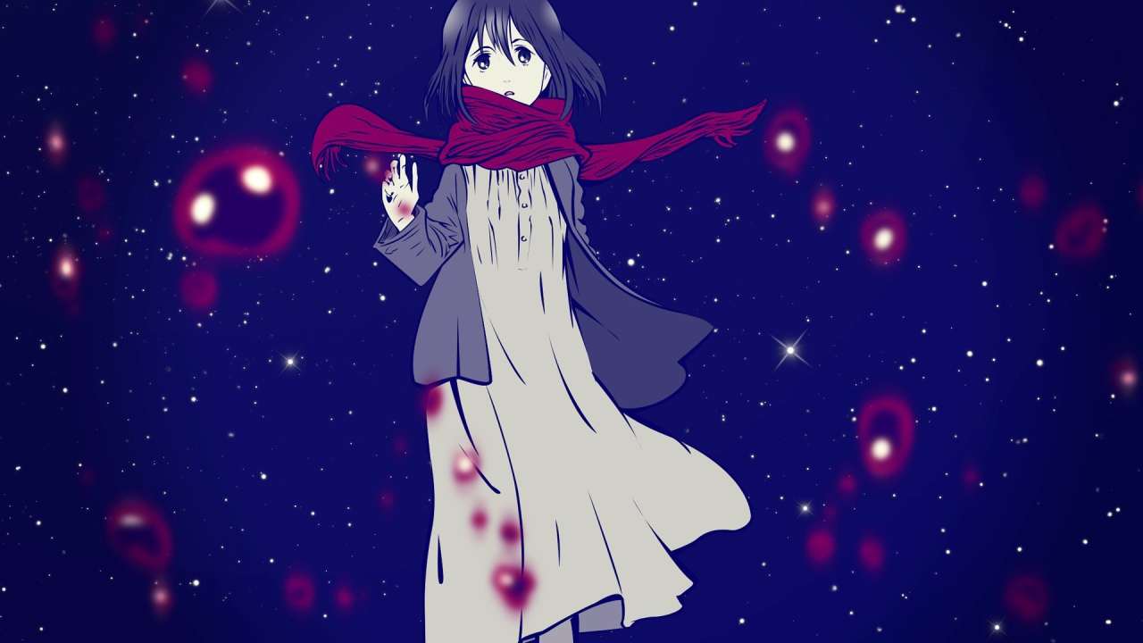 Красный шарф на девушке из аниме Shingeki no Kyojin