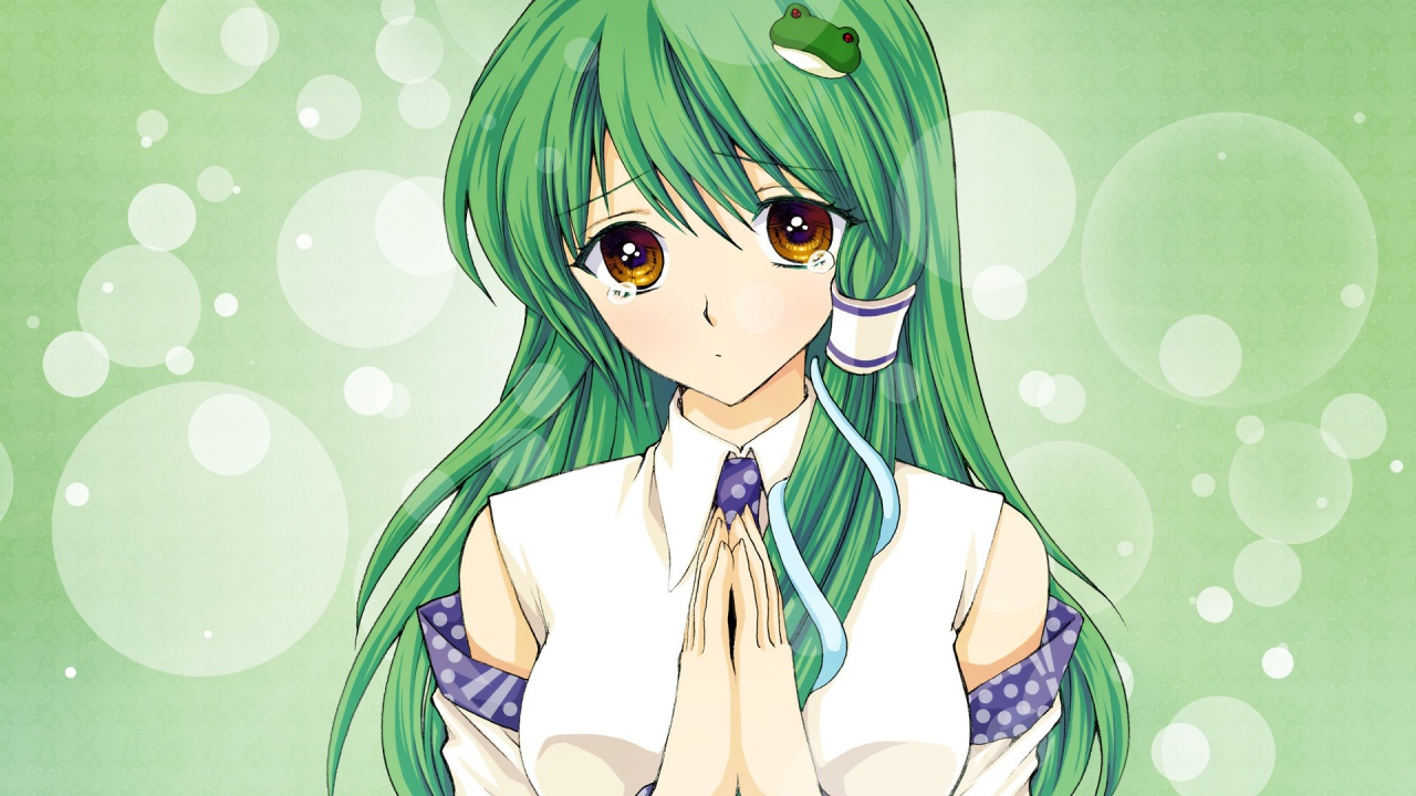 Зеленоволосая Санае Кочия, аниме девушка