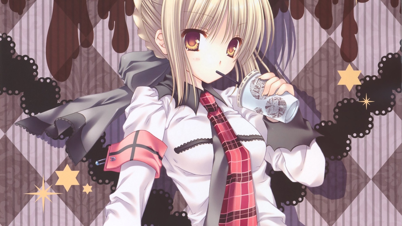 Девушка пьет напиток через соломинку, аниме Ночь прибытия