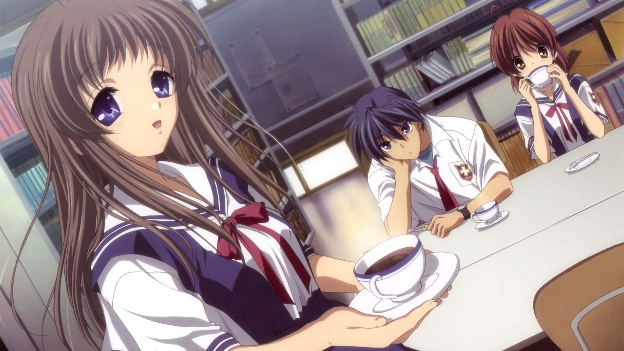 Девушка несет чай в аниме Кланнад